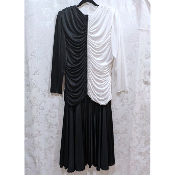 VTG 90s Ruched Black White Color Block Long Sleeve Gown 22W Elegant Evening Prom - Picture 5 of 7